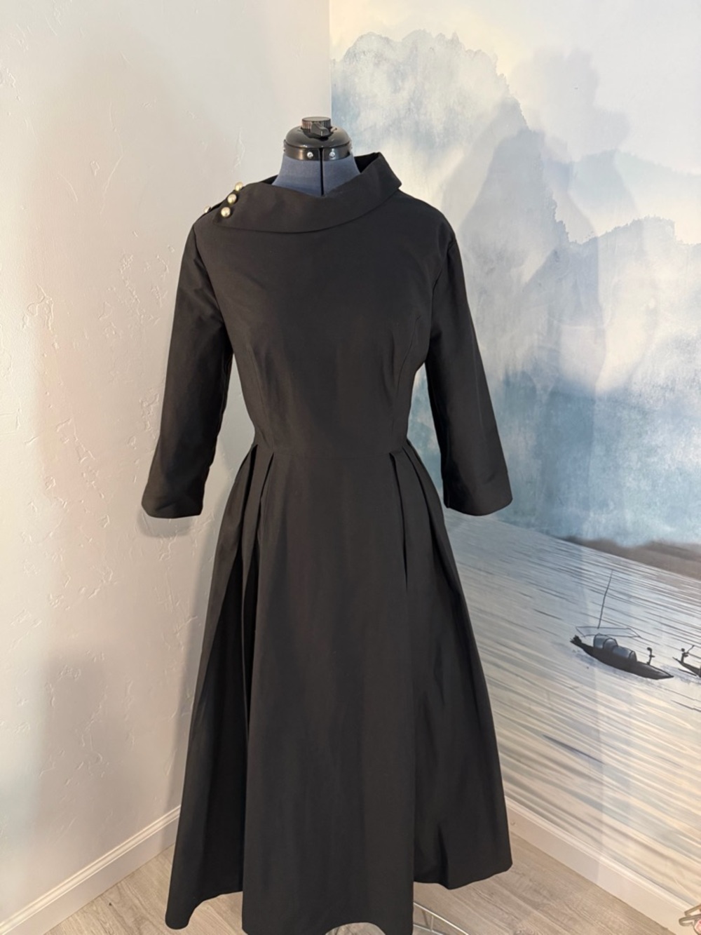 Elegant Black Midi Fit-and-Flare Dress with Buttoned Asymmetrical Neckline #144 - Picture 2 of 9